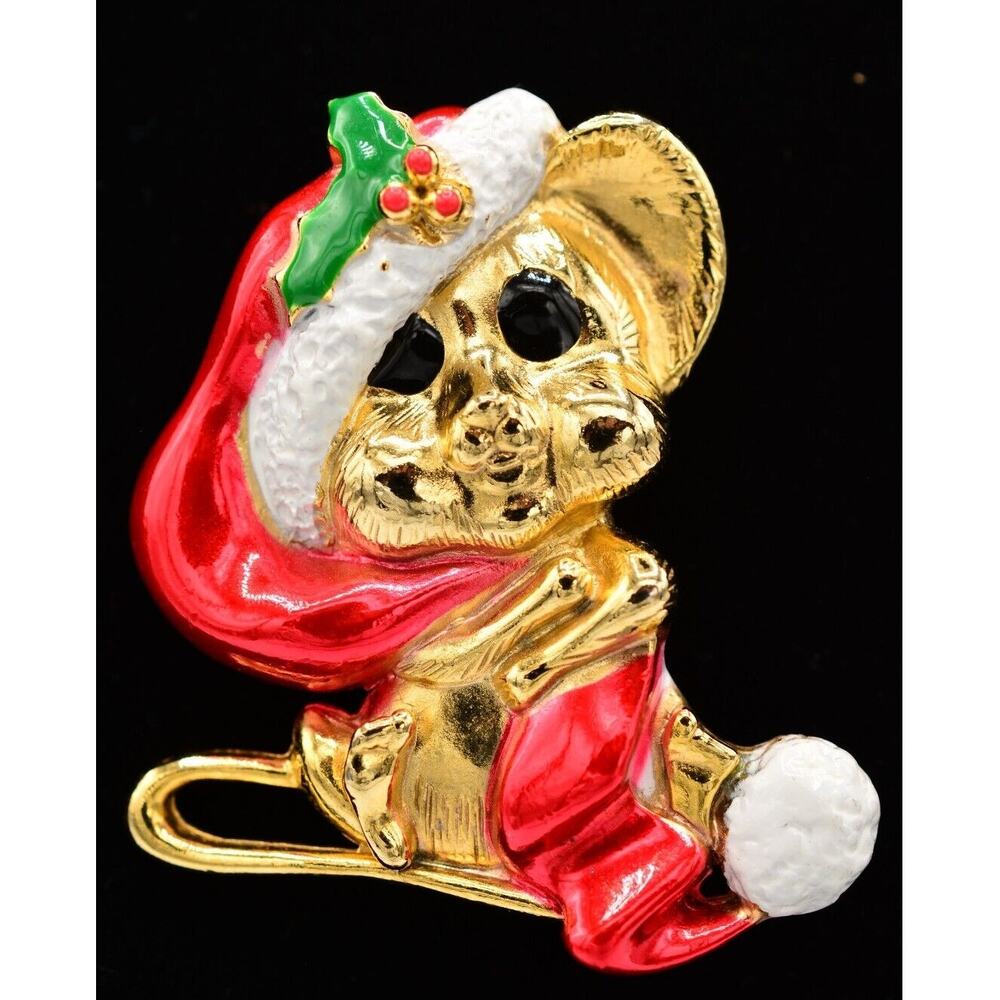 Vintage Christmas Mouse Pin Brooch Santa Claus Hat Red Gold Green Enamel BinAQ